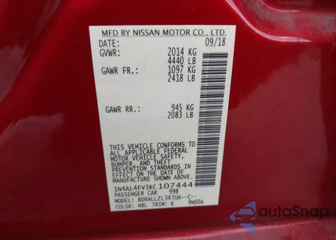 2019 Nissan Altima 2.0 Edition One from USA, damaged, VIN 1N4AL4FV3KC107444